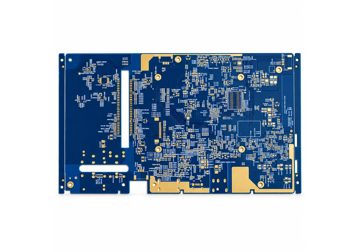 Blue high-speed multilayer PCB with dense routing and a gold edge connector, on mid-loss laminate such as Isola FR408HR
