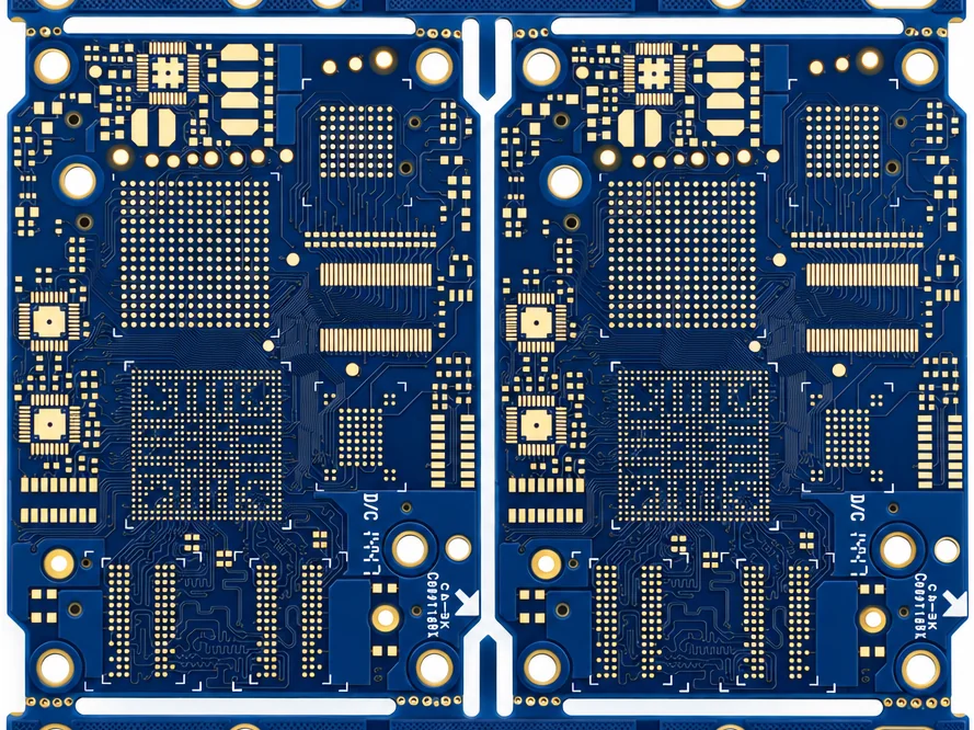Two-up panel of blue HDI PCBs with BGA footprints and breakaway rails on Isola laminate