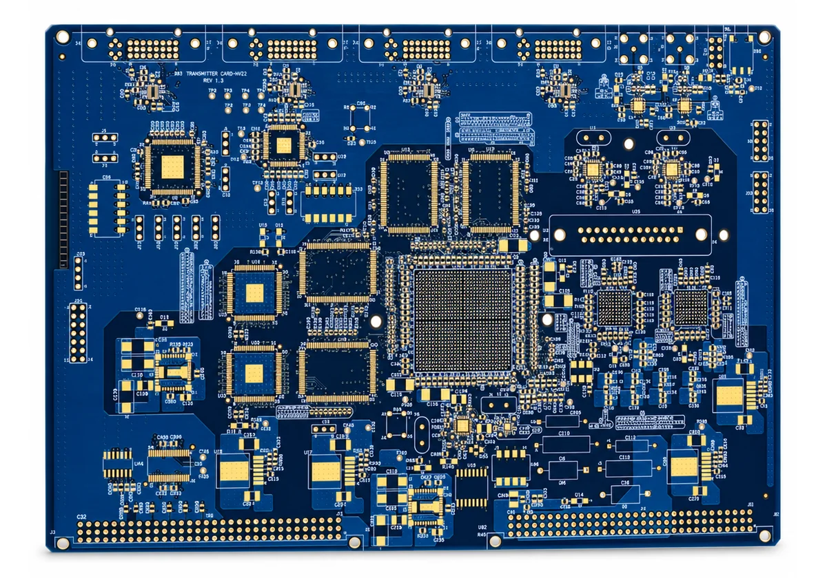 High-speed multilayer PCB with a large BGA and ENIG pads, the type of board built on Panasonic Megtron laminate