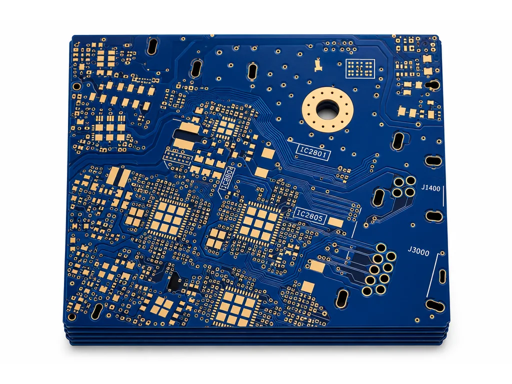 Stack of blue high-speed multilayer PCBs showing BGA fields and via arrays, as built on Panasonic Megtron