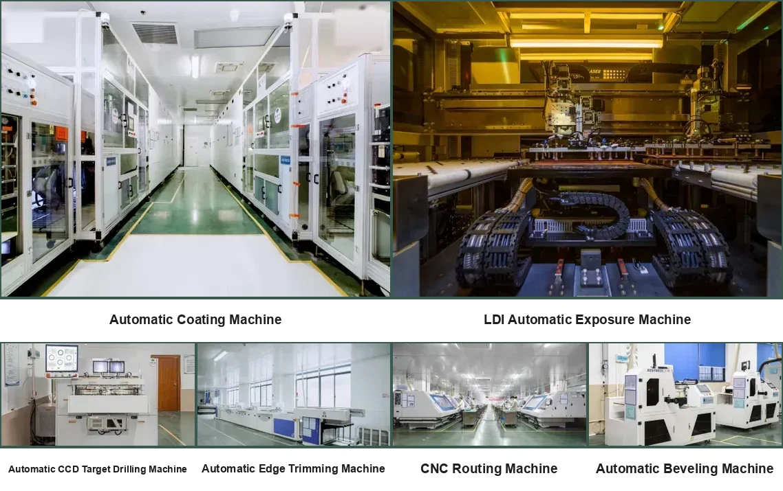 PCB imaging and machining equipment: automatic coating machine, LDI automatic exposure machine, CCD target drilling, edge trimming, CNC routing and beveling machines