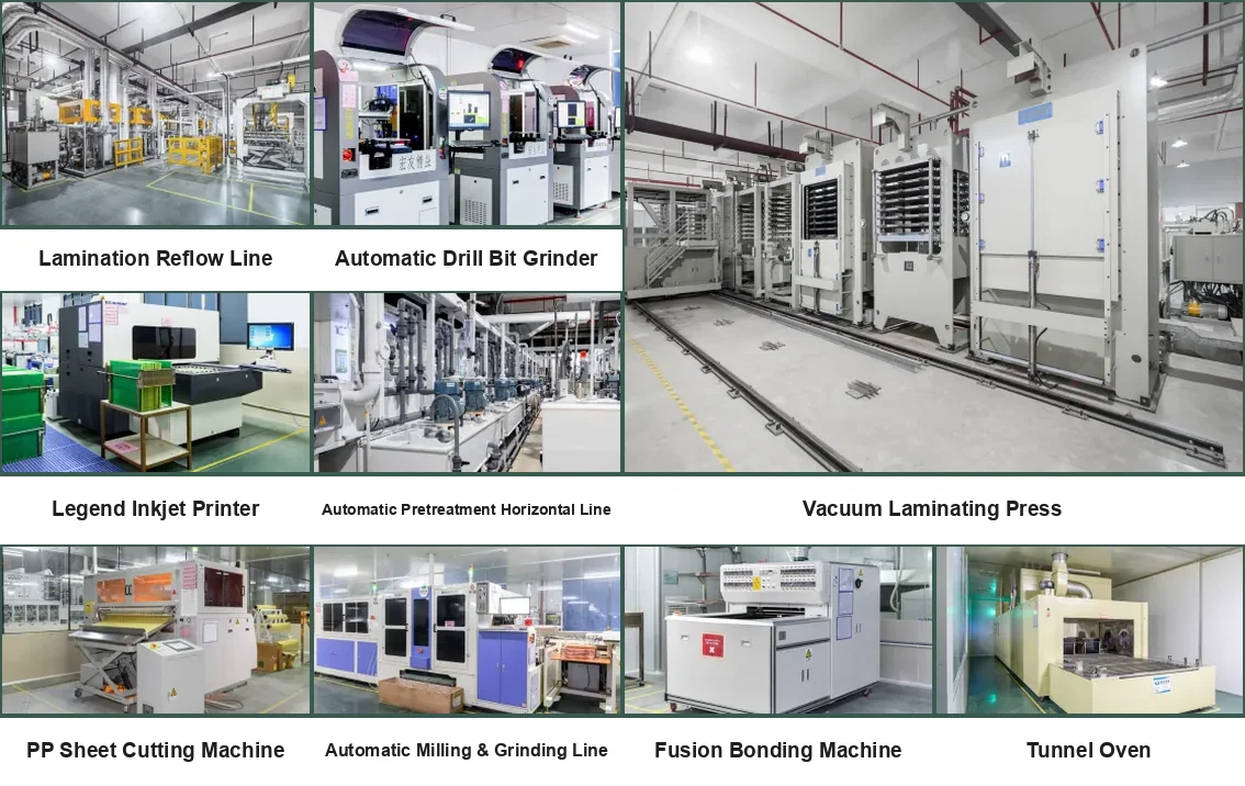 PCB lamination equipment: vacuum laminating press, lamination reflow line, fusion bonding machine, PP sheet cutting, legend inkjet printer and tunnel oven