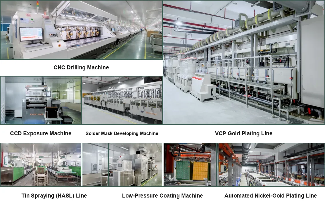 PCB drilling and surface finish equipment: CNC drilling machines, CCD exposure, solder mask developing, VCP gold plating, HASL and nickel-gold plating lines
