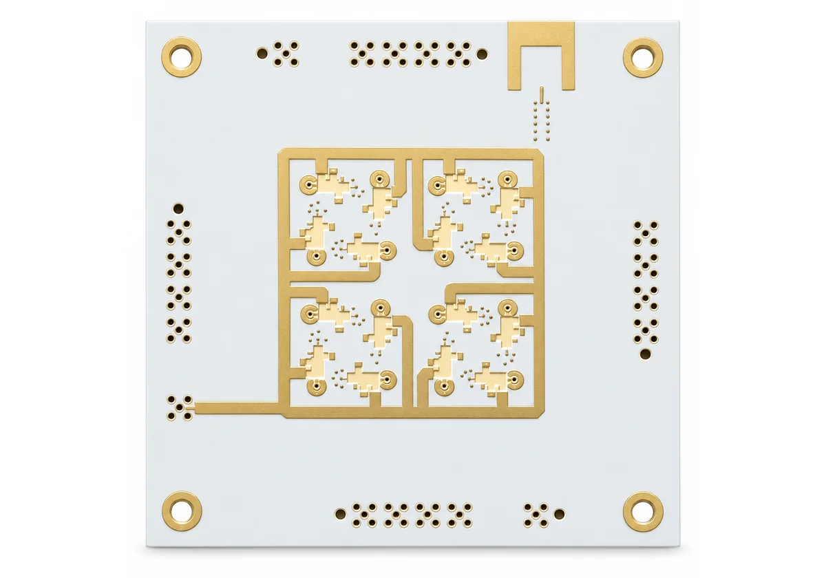 PTFE RF PCB with a gold microstrip feed network and patch elements, typical of Rogers RT/duroid 5880 builds