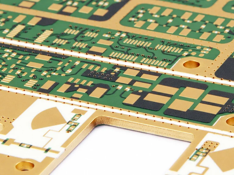 Hybrid RF PCB edge: gold microstrip lines on PTFE laminate bonded to green FR-4 layers, as used with Rogers RT/duroid 5880