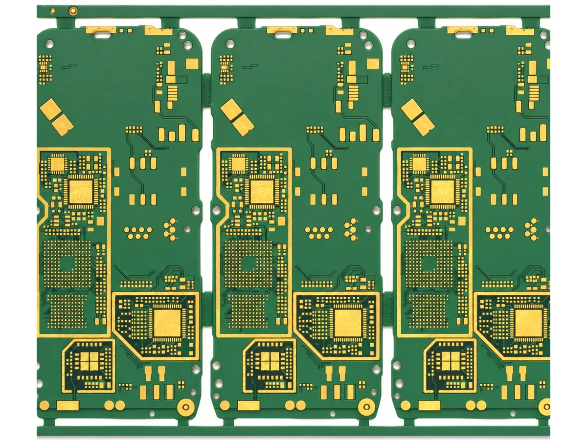 Three-up panel of green high-Tg FR-4 HDI boards with ENIG pads, a common Shengyi laminate build