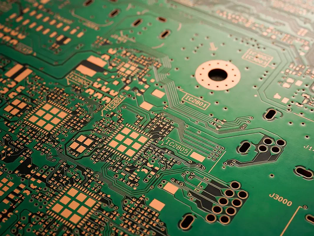Close-up of copper pads, vias and traces on a high-Tg FR-4 multilayer PCB such as Shengyi S1000-2M