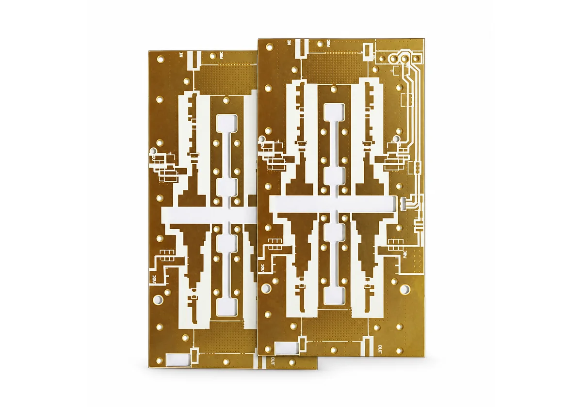 Pair of PTFE RF filter PCBs with gold microstrip resonators, a typical Taconic TLY or RF-35 build