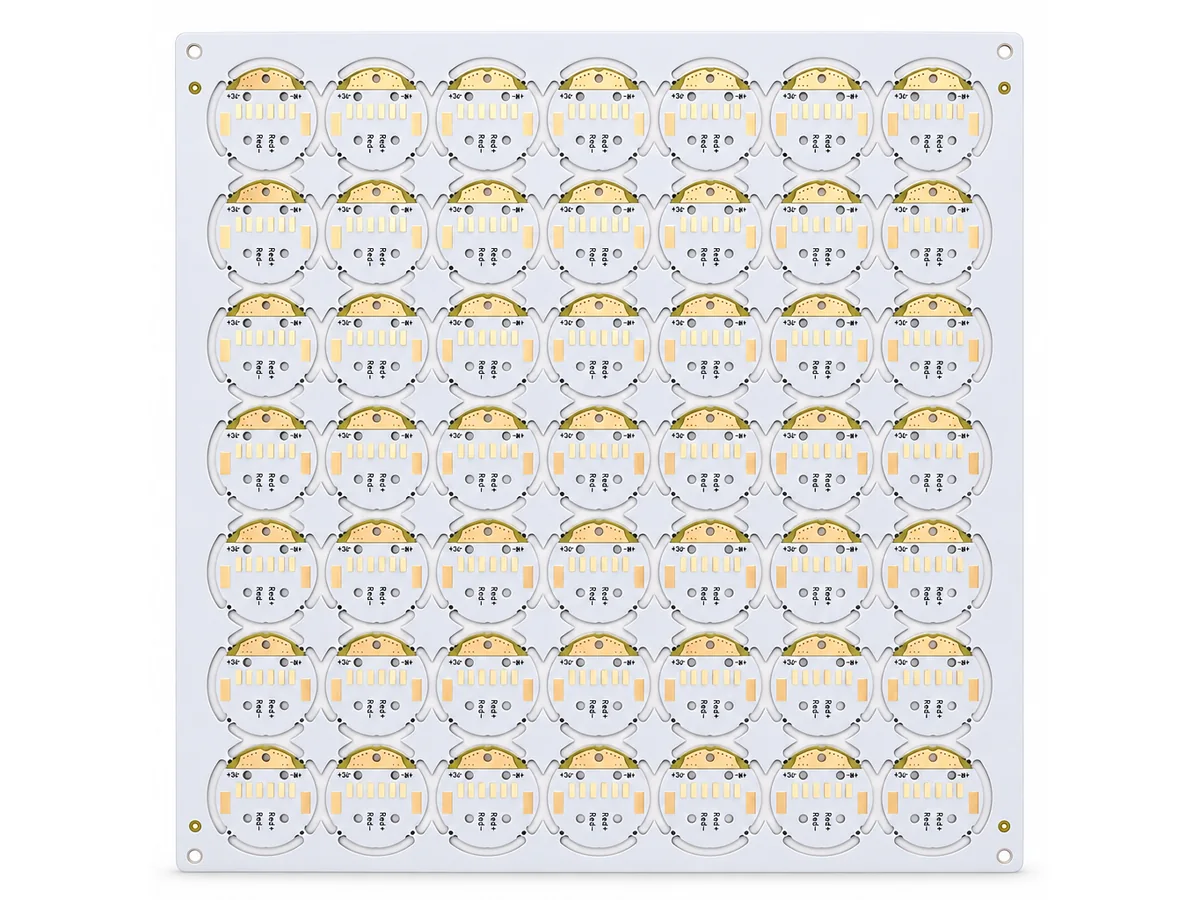 Production panel of round PTFE RF boards with gold pads, a Taconic RF laminate array build
